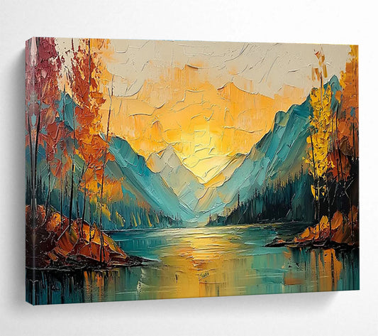 Textured Mountain & Lake Sunset Art for Adventure Lodge Communal Spaces DLZ3245