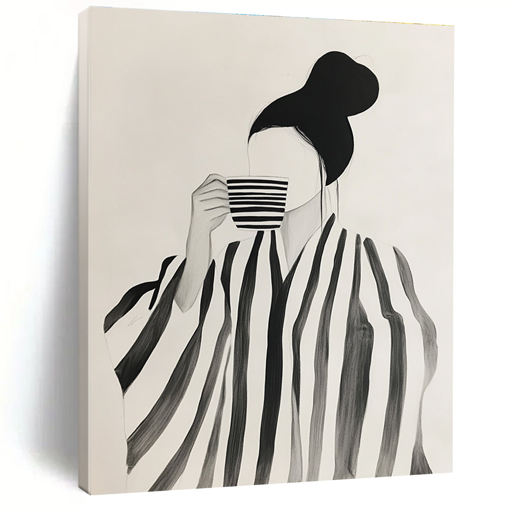 Woman with Striped Robe and Cup Art for Fashion - Forward Boutique & Cozy Reading Nook STSC1344