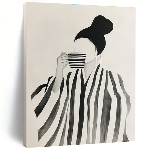 Woman with Striped Robe and Cup Art for Fashion - Forward Boutique & Cozy Reading Nook STSC1344