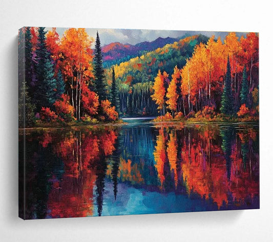 Autumn Lake Reflection Art for Mountain Lodge Living Rooms DLZ3202