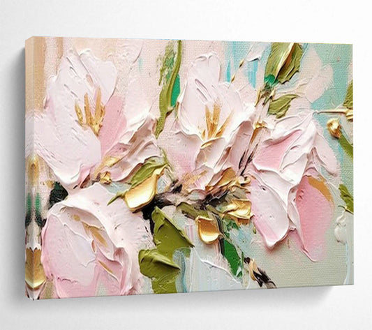 Pink and Gold Floral Oil Painting for Chic Dining Room Accents DLZ2637