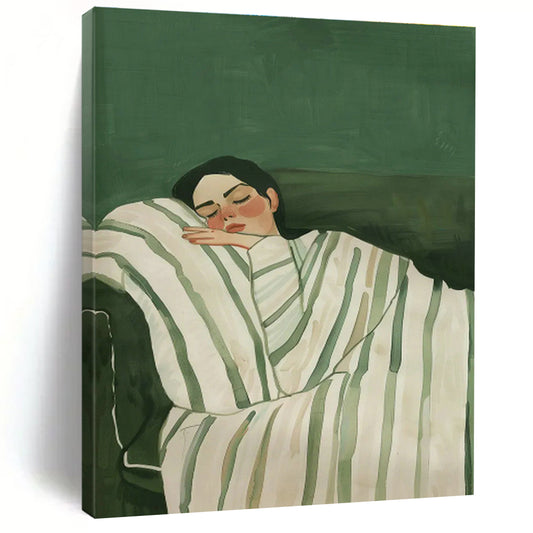 Sleeping Woman on Green Background Art for Feminine Bedroom & Self - Care Space DLZ0686