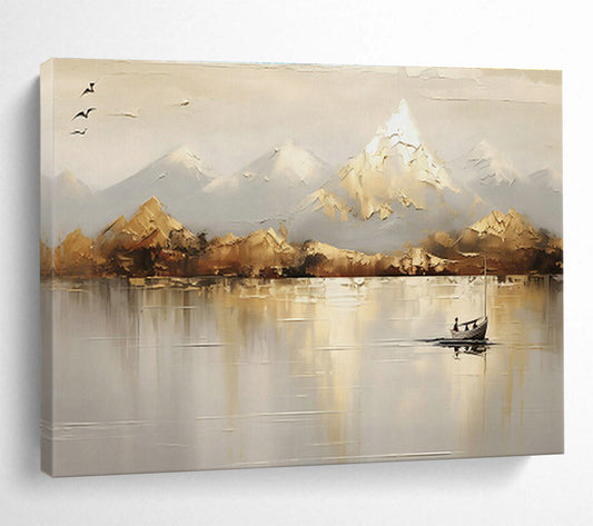 Mountain - Lake Boat Oil Painting for Rustic Cabin Living Areas DLZ2542