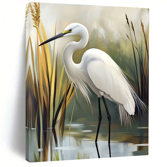 White Egret in Reed Bed for Coastal Home Living Room & Bird - Watching Club STSC1293
