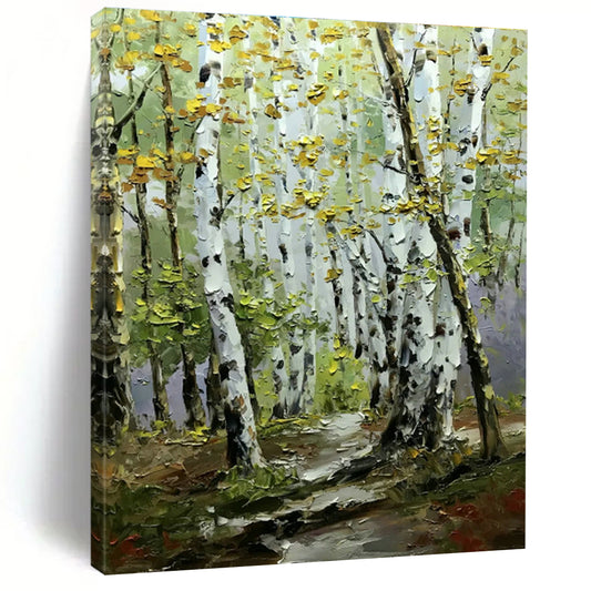 Birch Forest Path Oil Painting for Rustic Cottage Living Room & Nature Lover’s Retreat DLZ0850