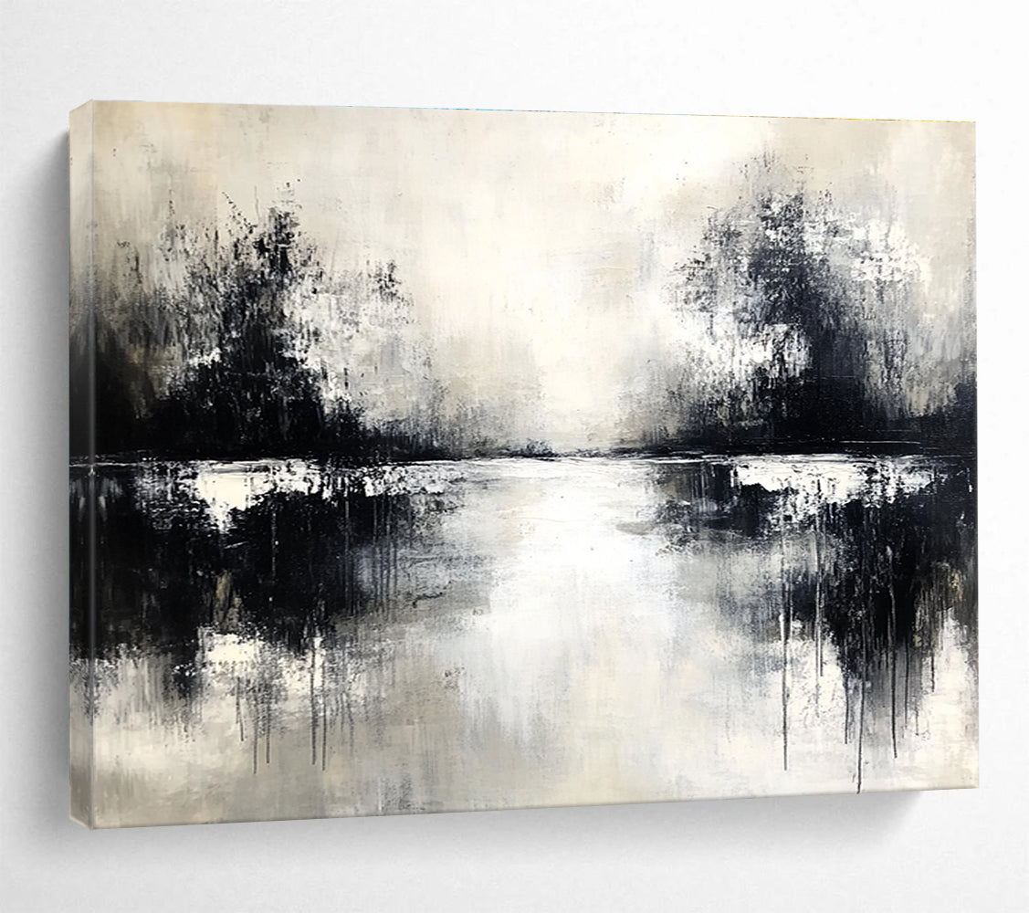 Monochrome Lake Reflection Art for Black - and - White Themed Café & Serene Spa SC056