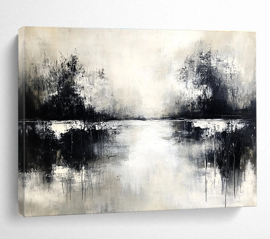 Monochrome Lake Reflection Art for Black - and - White Themed Café & Serene Spa SC056