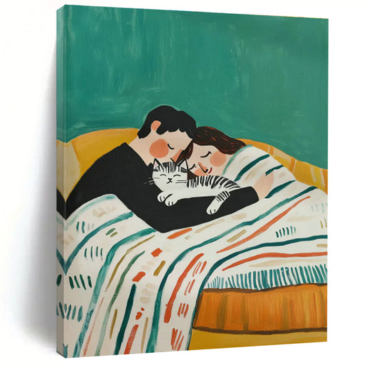 Couple with Cat on Green Sofa Art for Pet - Friendly Home & Cozy Café DLZ0699