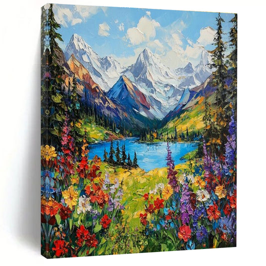 Colorful Mountain - Lake Landscape Art for Ski Resort Chalet & Nature Lover’s Living Room DLZ1659