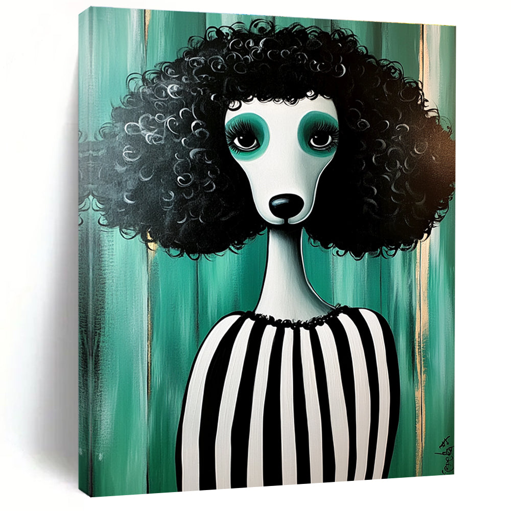 Curly - haired Poodle in Stripes for Quirky Pet Café & Eclectic Home Living Room STSC1000