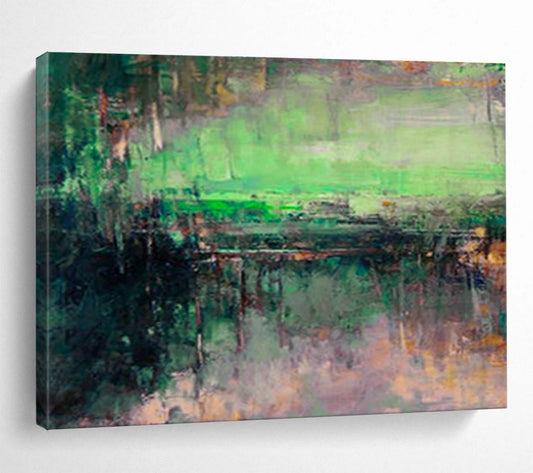 Green - Toned Lakeside Abstract Art for Serene Reading Nook DLZ2779