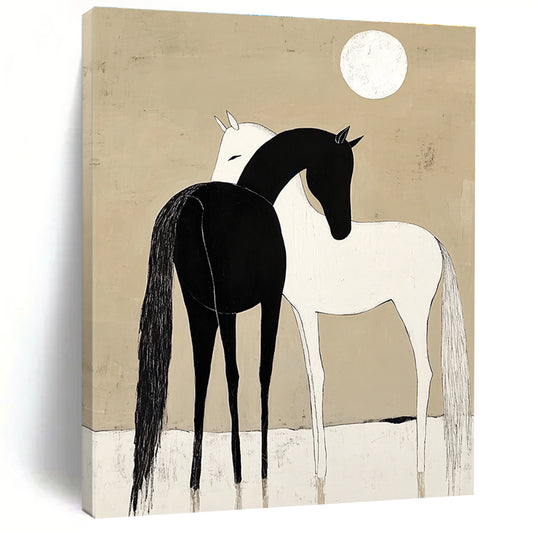 Black and White Horses Under Moon for Minimalist Bedroom & Spiritual Retreat Center STSC915