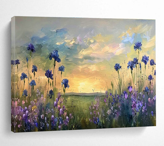 Blue - Purple Flower Field Oil Painting for Countryside Wedding Venue Backdrops DLZ3203