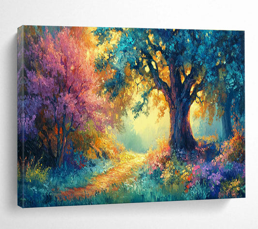Enchanted Forest Path with Colorful Trees Art for Whimsical Children’s Playrooms DLZ3081