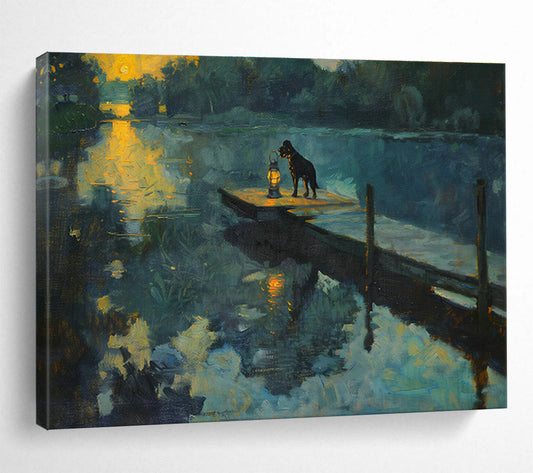 Lakeside Dog & Lantern Oil Painting for Rustic Cabin Living Rooms DLZ2605