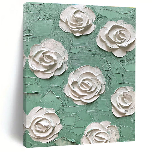 Textured White Roses on Green Art for Romantic Bedroom & Floral - Themed Café STSC1350