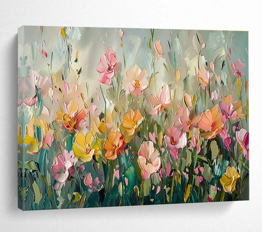 Soft - Toned Flower Field Oil Painting for Serene Bedroom Retreats DLZ3093
