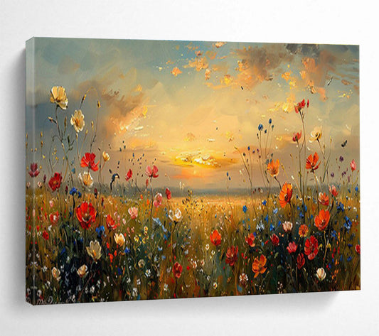 Sunset Flower Field Oil Painting for Romantic Outdoor - Themed Patios DLZ2641