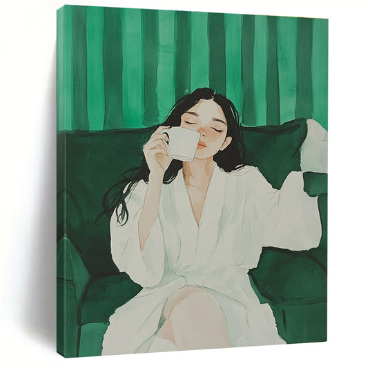 Woman in White Robe Drinking Coffee for Serene Home Library & Calming Spa Lounge STSC1002