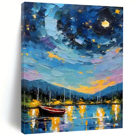 Starry Night Boat Scene Oil Art for Living Room & Cottages DLZ0302