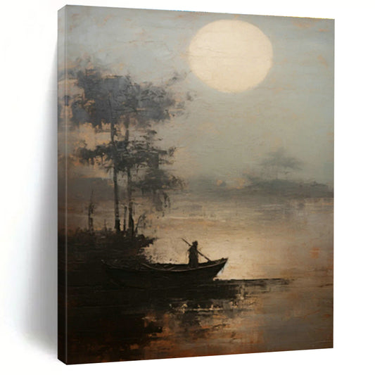Moonlit Boat Oil Painting for Coastal Bedroom & Zen Meditation Space DLZ0851