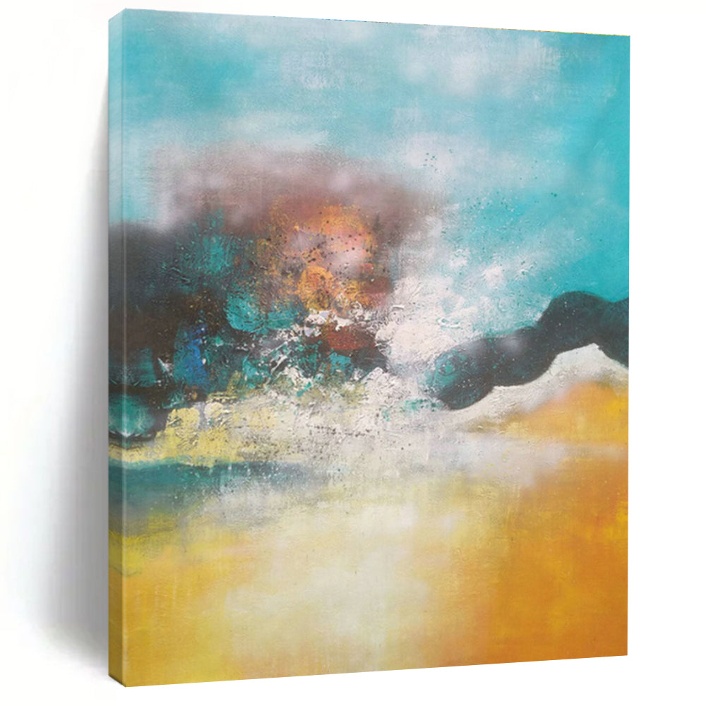 Blue - Yellow Hazy Abstract Art for Coastal Bedroom & Relaxing Spa DLZ0771