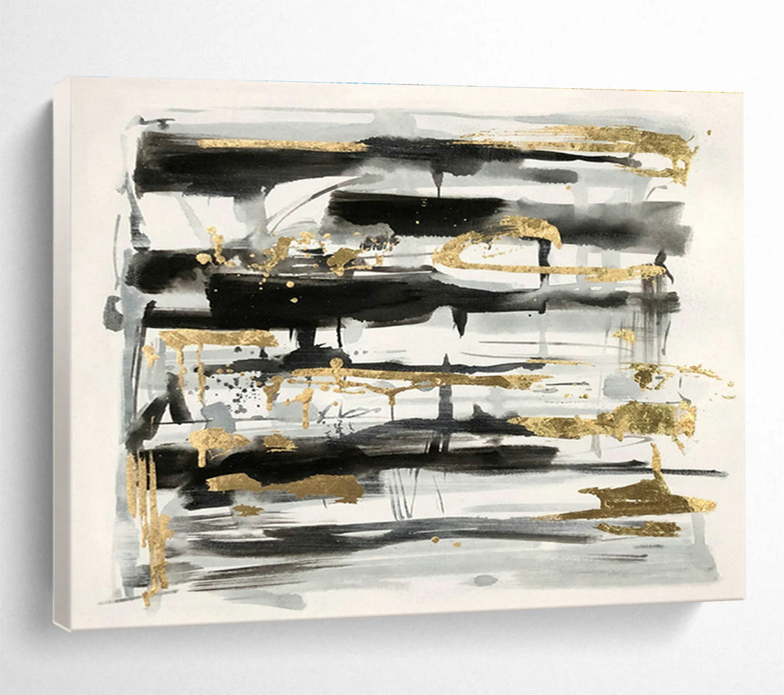 Black - Gray - Gold Abstract Art for Luxury Hotel Lobby Feature Walls DLZ3230