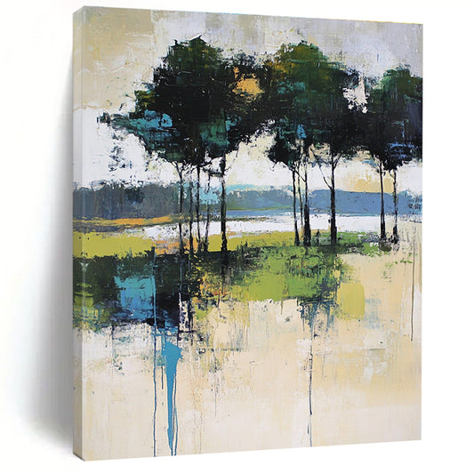 Abstract Tree - Lined Waterfront Art for Lakeside Cottage & Art - Loving Home Office STSC118