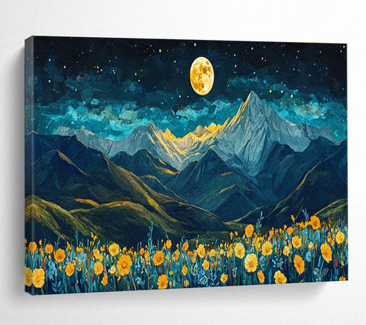 Moonlit Mountain Landscape with Flower Field Art for Inspirational Home Offices DLZ3078