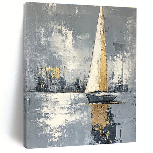 Golden Sailboat on Gray Water Art for Modern Coastal Office & Elegant Home Library STSC1420