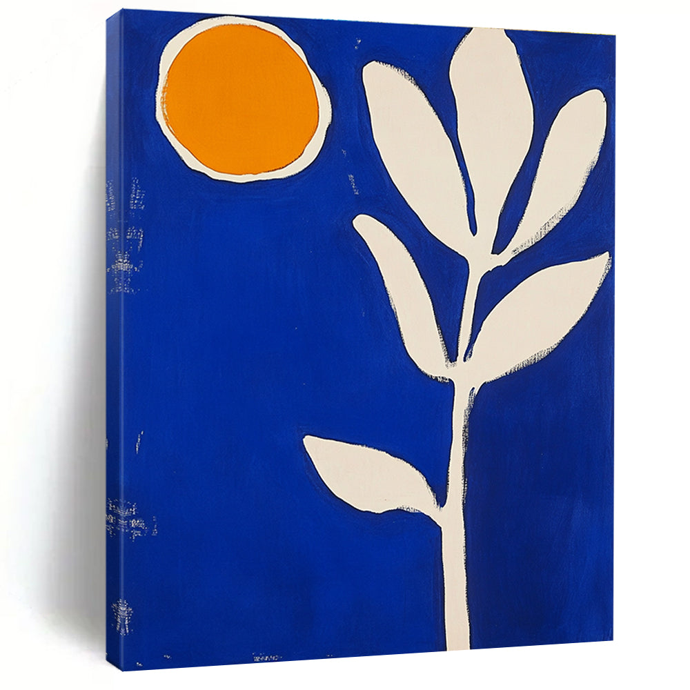 Blue Background with Orange Circle and White Leaf Art for Modern Bedroom & Eco - Friendly Store STSC1316