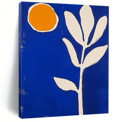 Blue Background with Orange Circle and White Leaf Art for Modern Bedroom & Eco - Friendly Store STSC1316