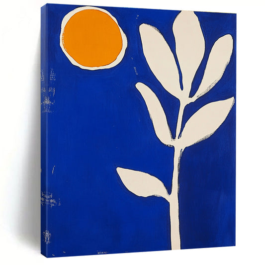 Blue Background with Orange Circle and White Leaf Art for Modern Bedroom & Eco - Friendly Store STSC1316