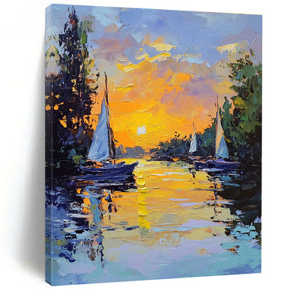 Sunset Sailboats on River Art for Riverside Restaurant & Relaxing Home Balcony STSC1419