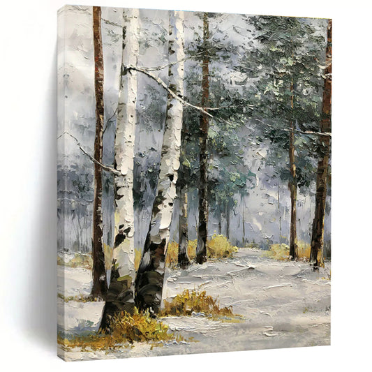 Snowy Birch Forest Oil Painting for Chalet Bedroom & Winter Retreat Lounge DLZ1290