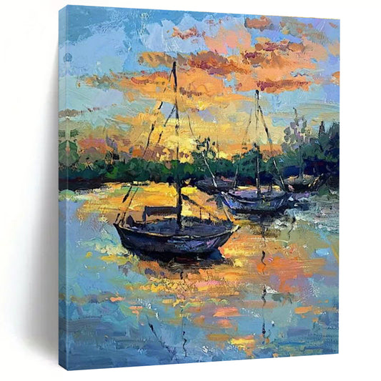 Sunset Sailboats Oil Art for Lakeside Home Dining Rooms & Porch - Facing Lounge Areas DLZ0294