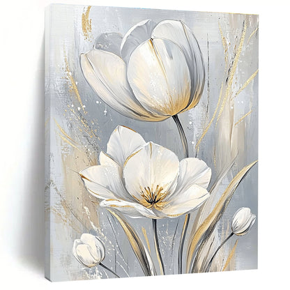 White Tulips with Gold Elegant Floral Art for Luxury Hotel Suite & Sophisticated Home Dining Room STSC1480
