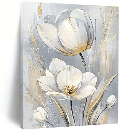 White Tulips with Gold Elegant Floral Art for Luxury Hotel Suite & Sophisticated Home Dining Room STSC1480