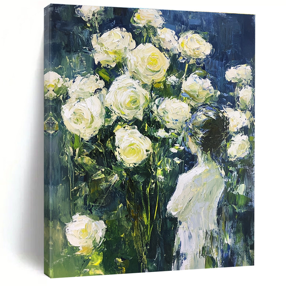 Woman and White Roses Impressionistic Floral Art for Romantic Home Bedroom & Garden - Themed Home Salon STSC1489