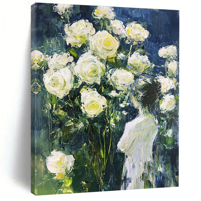 Woman and White Roses Impressionistic Floral Art for Romantic Home Bedroom & Garden - Themed Home Salon STSC1489