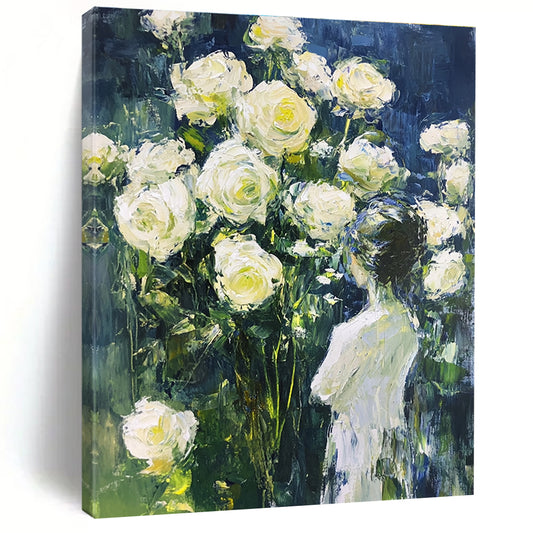 Woman and White Roses Impressionistic Floral Art for Romantic Home Bedroom & Garden - Themed Home Salon STSC1489