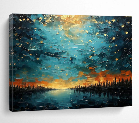Starry Night Lake Landscape Art for Cosy Cabin Getaways DLZ3090