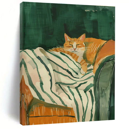 Orange Cat on Striped Blanket Art for Pet - Lover’s Bedroom & Cat Café DLZ0702