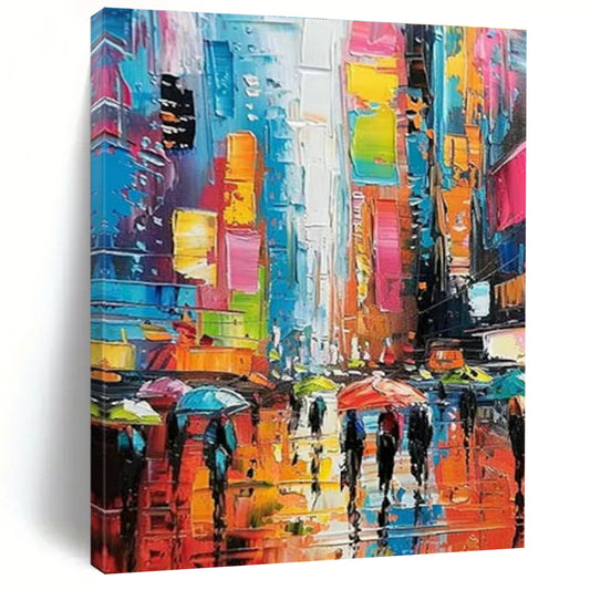 Colorful City Rain Scene Art for Contemporary Café & Urban Art Lover’s Home DLZ1555