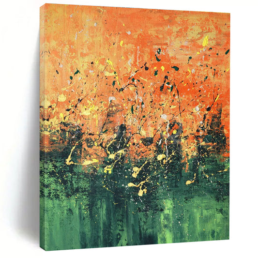 Orange - Green Splatter Abstract Art for Living Room & Art Studio DLZ0445