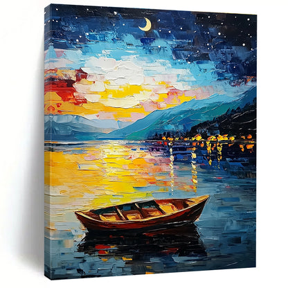 Colorful Night Lake with Boat for Lakeside Lodge & Romantic Dining Room STSC1132