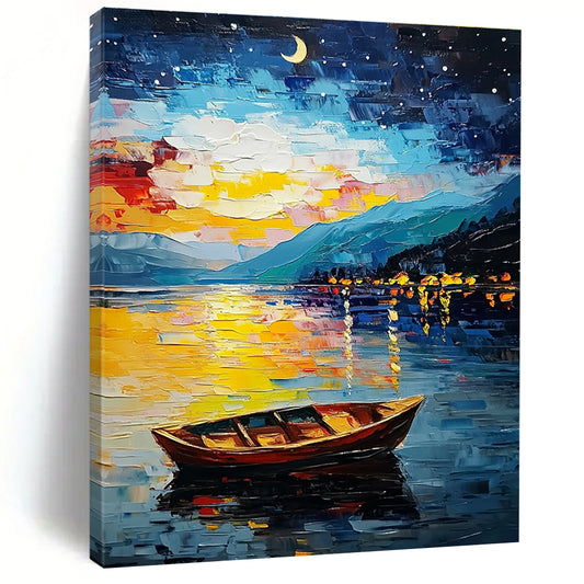 Colorful Night Lake with Boat for Lakeside Lodge & Romantic Dining Room STSC1132