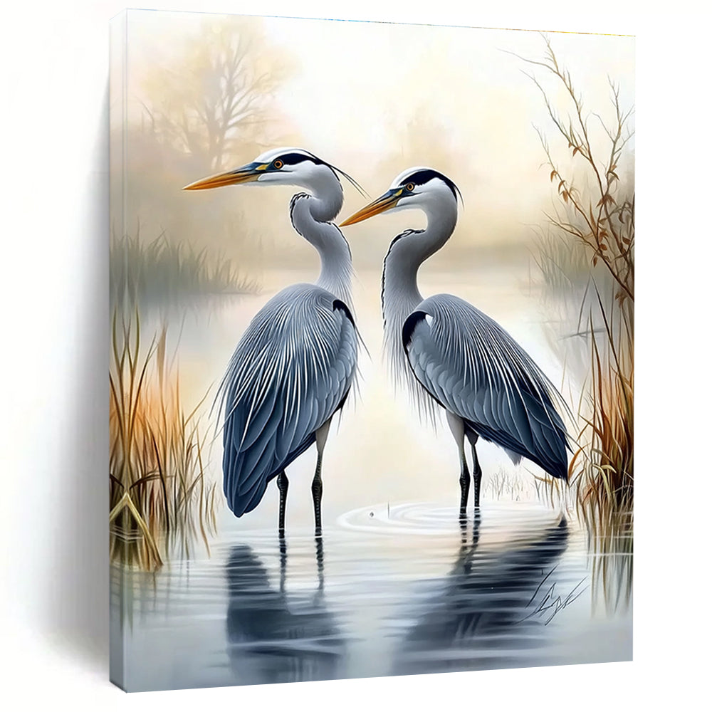 Herons in Mist  Elegant Bird Art for Lakeside Villa Living Room & Nature - Inspired Home Office STSC1450