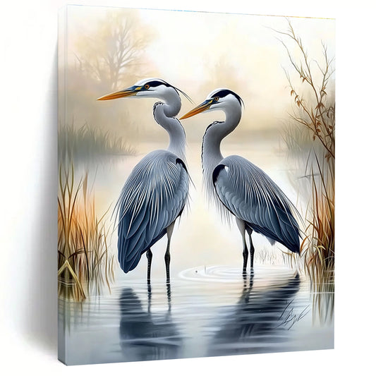 Herons in Mist  Elegant Bird Art for Lakeside Villa Living Room & Nature - Inspired Home Office STSC1450