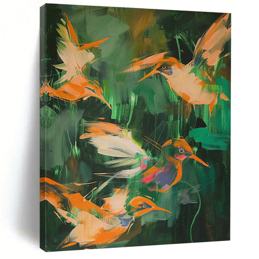 Orange Birds in Jungle Abstract Art for Tropical Resort & Nature - Lover’s Bedroom DLZ0681